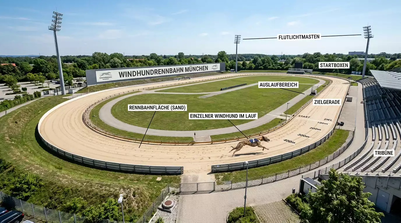 480-Meter-Standarddistanz auf einer modernen Greyhound-Rennbahn