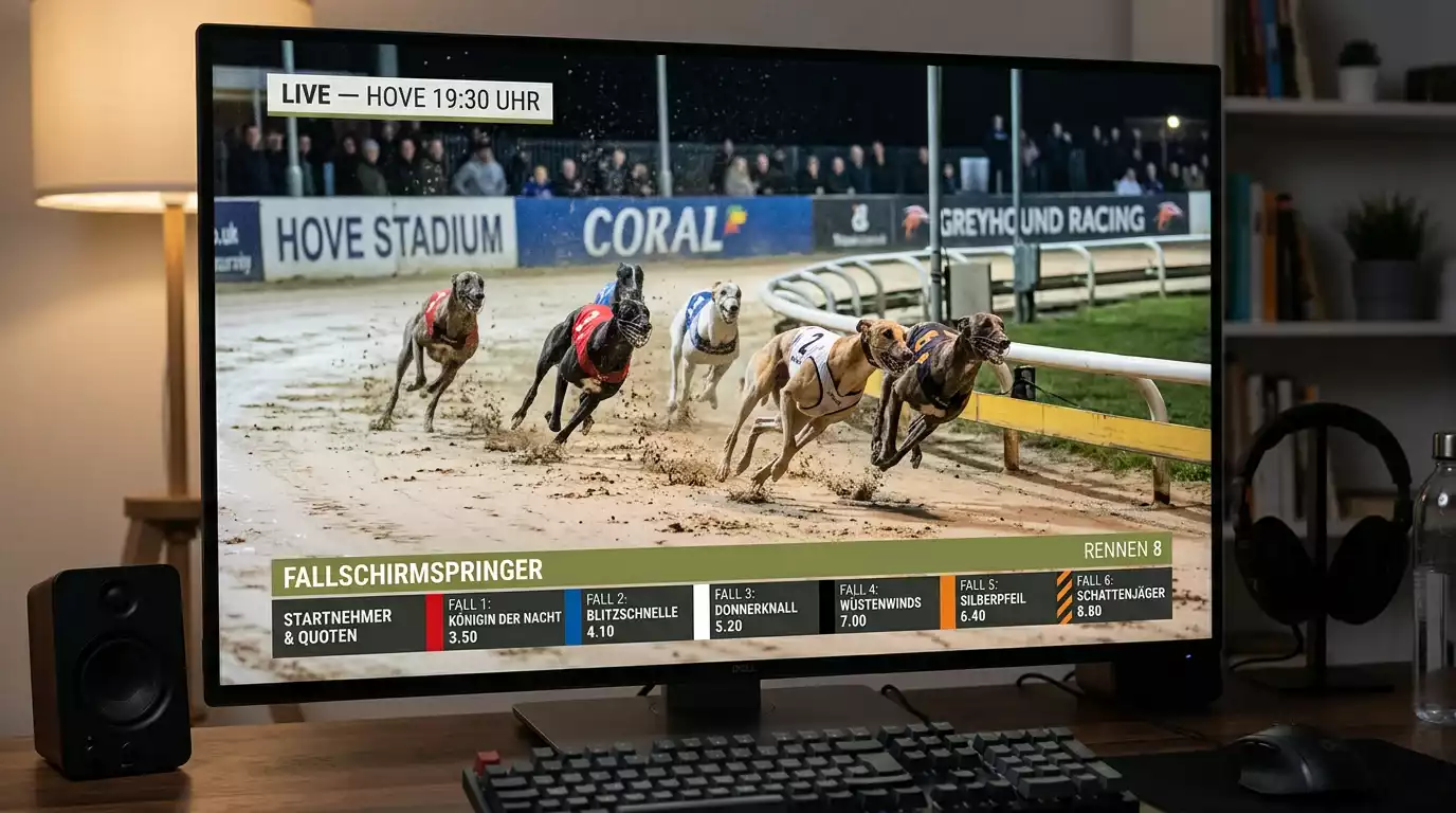 Live-Stream von einem britischen GBGB-Hunderennen auf einem Wettanbieter-Bildschirm
