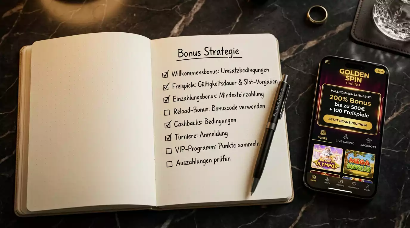 Notizbuch mit handschriftlicher Bonus-Checkliste und Planung