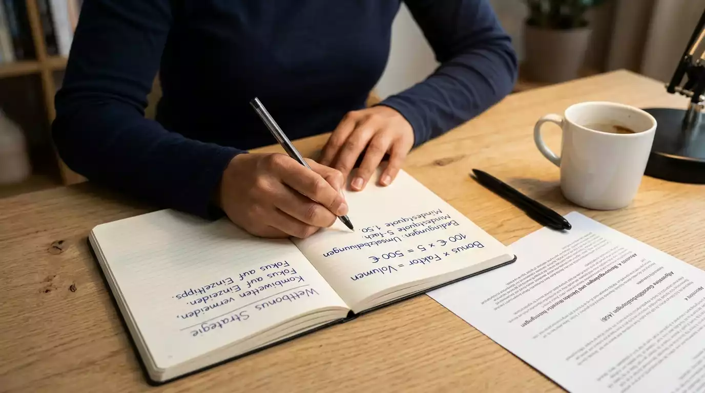 Notizbuch mit handschriftlicher Berechnung der Bonus-Umsatzbedingung