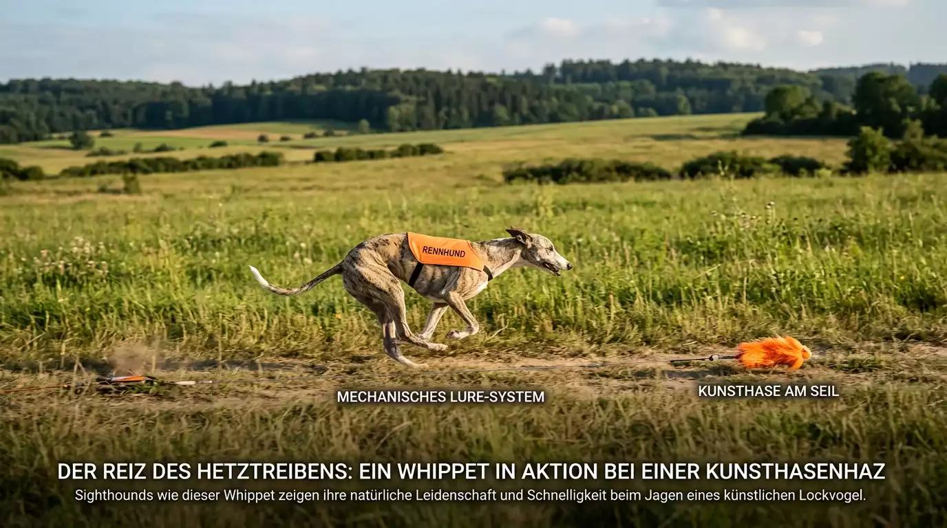 Windhund beim Lure-Coursing auf offenem Feld hinter einem mechanischen Lockmittel