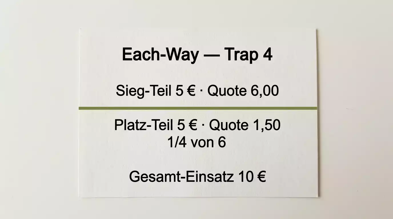 Schematische Darstellung der Each-Way-Wette mit halbem Einsatz auf Sieg und Platz