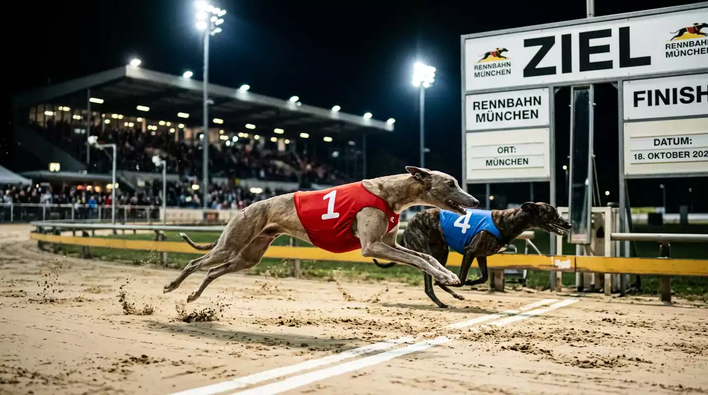 Zwei Greyhounds beim Zieleinlauf in exakter Reihenfolge für eine Forecast-Wette