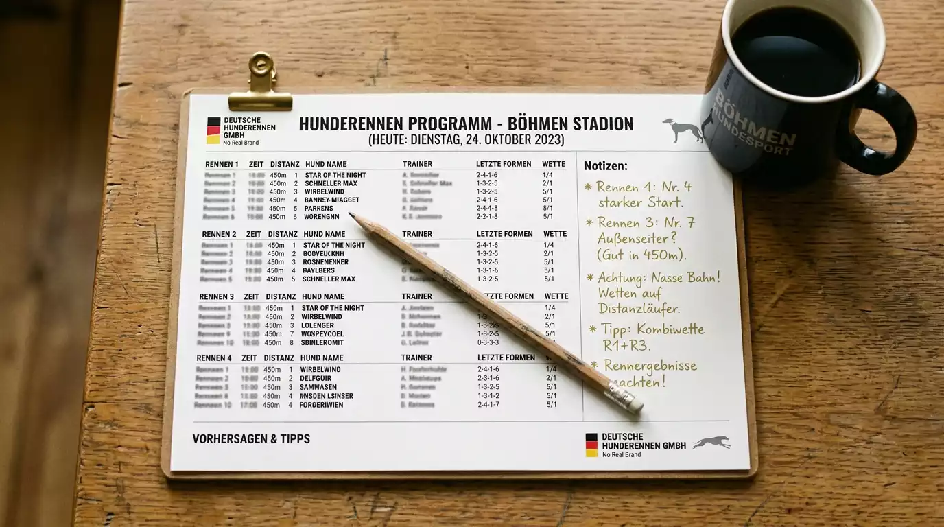Form-Karte als Lern-Übung beim Greyhound-Wettende mit Notizen am Rand