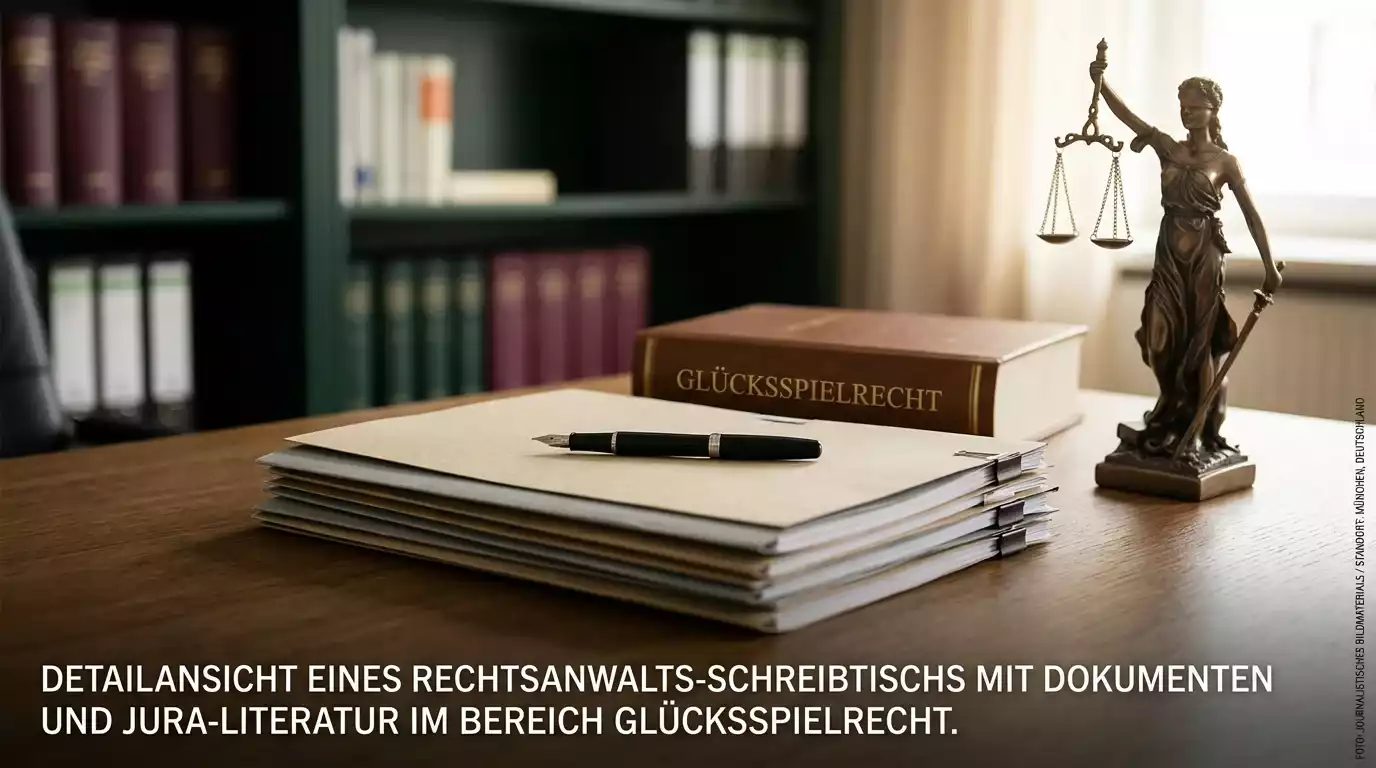 Aktenstapel mit deutschem Glücksspielrecht und GGL-Regulierungsunterlagen