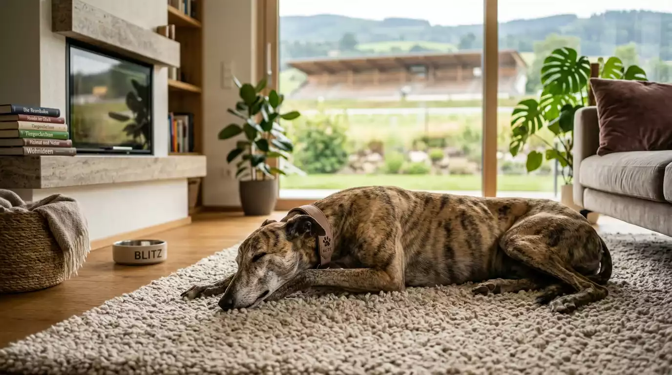 Adoptierter Greyhound entspannt im häuslichen Umfeld auf einem Sofa