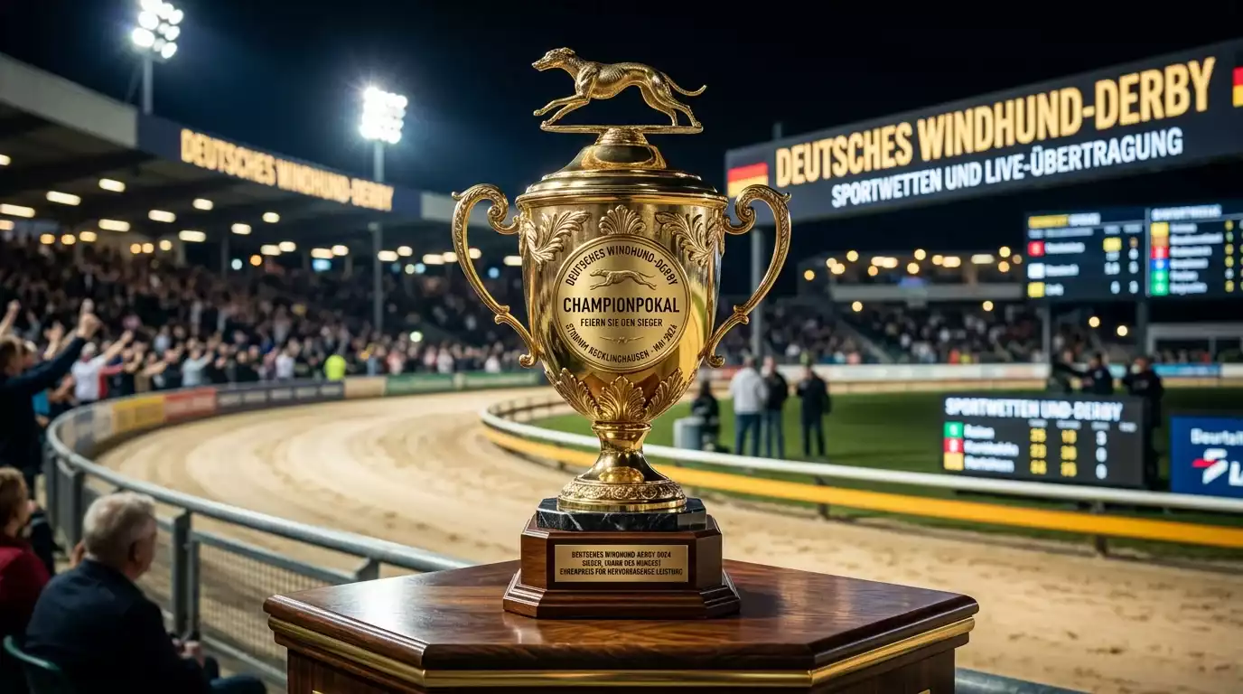 Greyhound überquert die Ziellinie eines Derby-Rennens