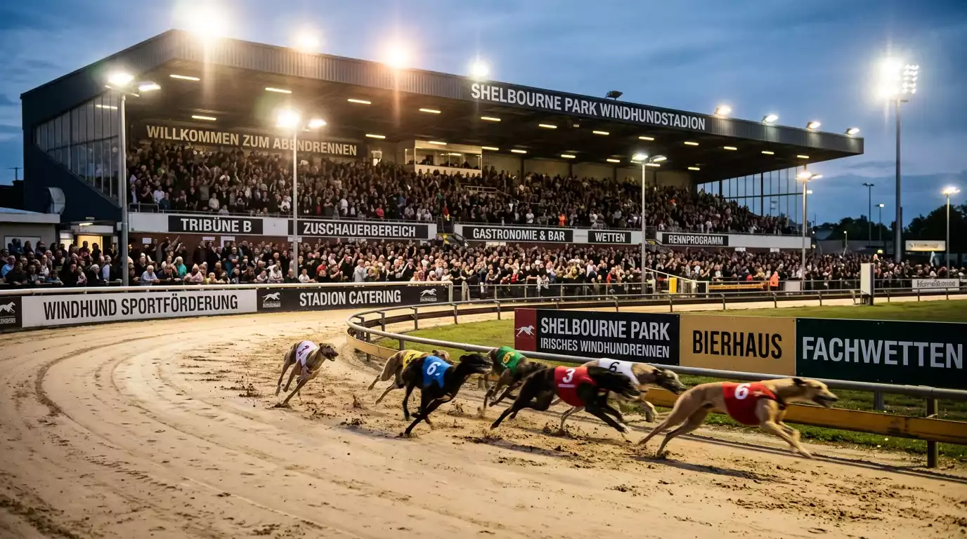 Greyhound-Rennbahn am Abend mit beleuchteter Innenkurve