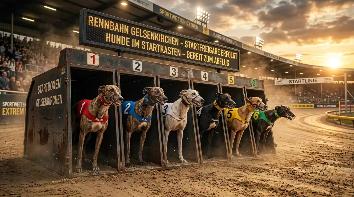 Sechs Greyhounds in nummerierten Startboxen vor dem Rennstart