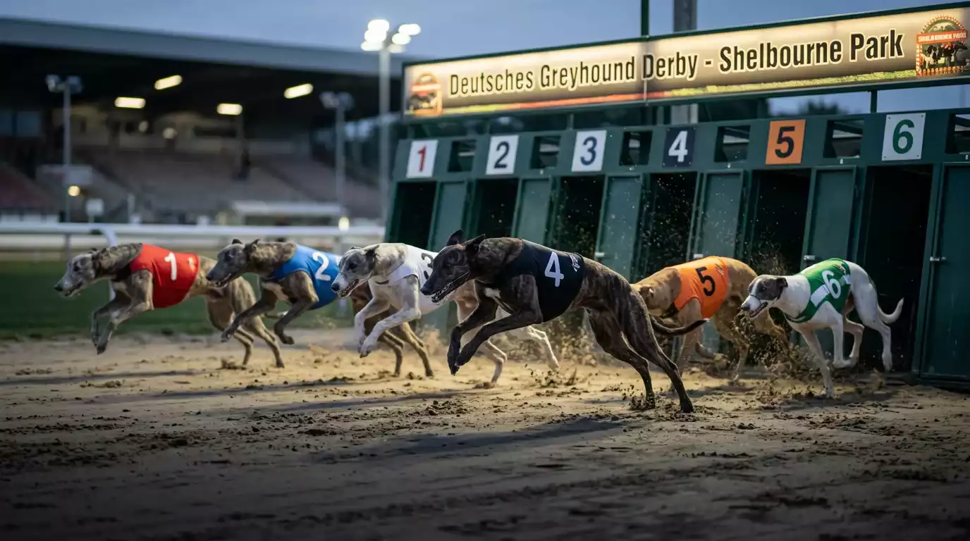 Greyhounds verlassen die Startbox beim Irish Greyhound Derby in Shelbourne Park