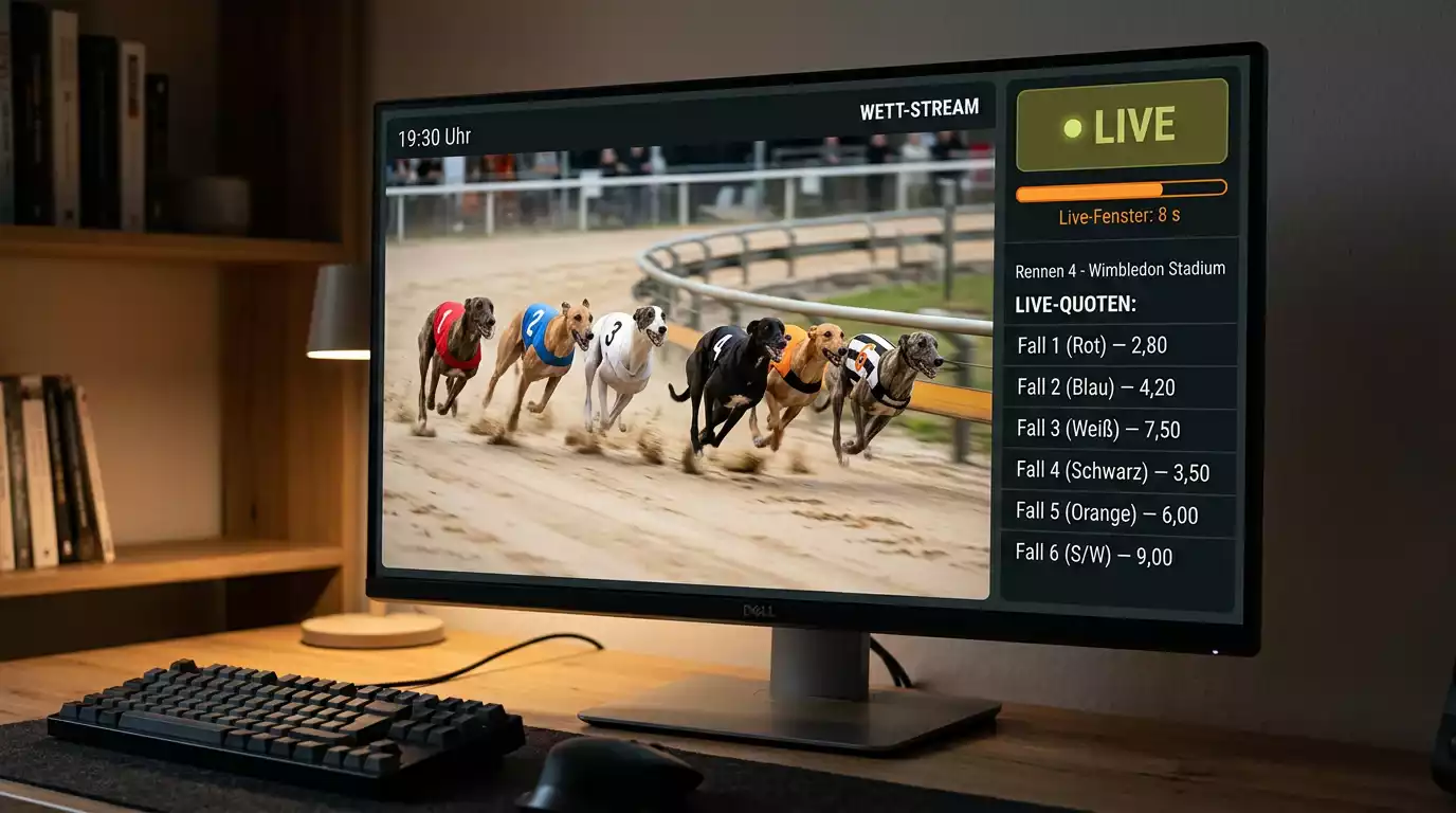 Live-Wetten-Oberfläche während eines laufenden Greyhound-Rennens auf Bildschirm