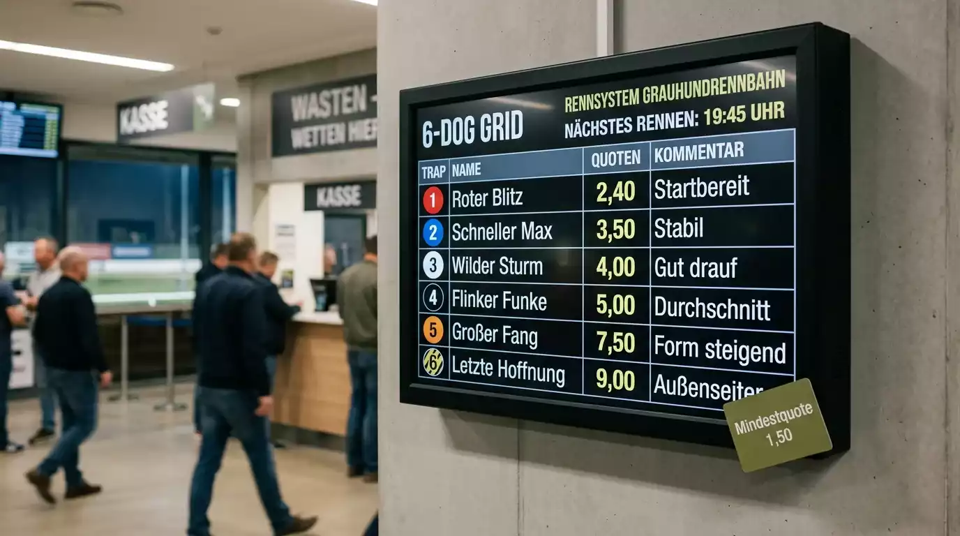 Quotentafel mit Mindestquote-Markierung für Hunderennen-Wetten