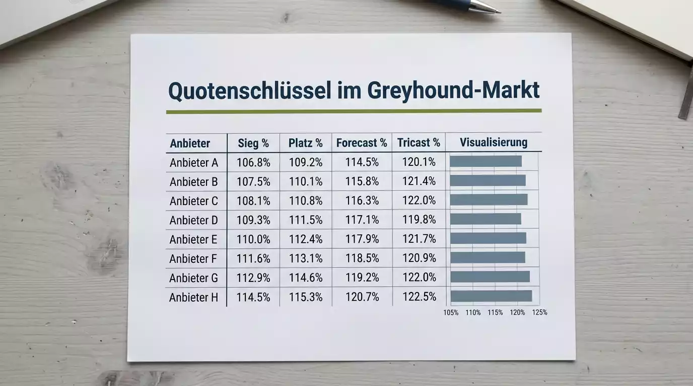 Tabellarischer Vergleich der Quotenmargen verschiedener Wettanbieter im Greyhound-Markt