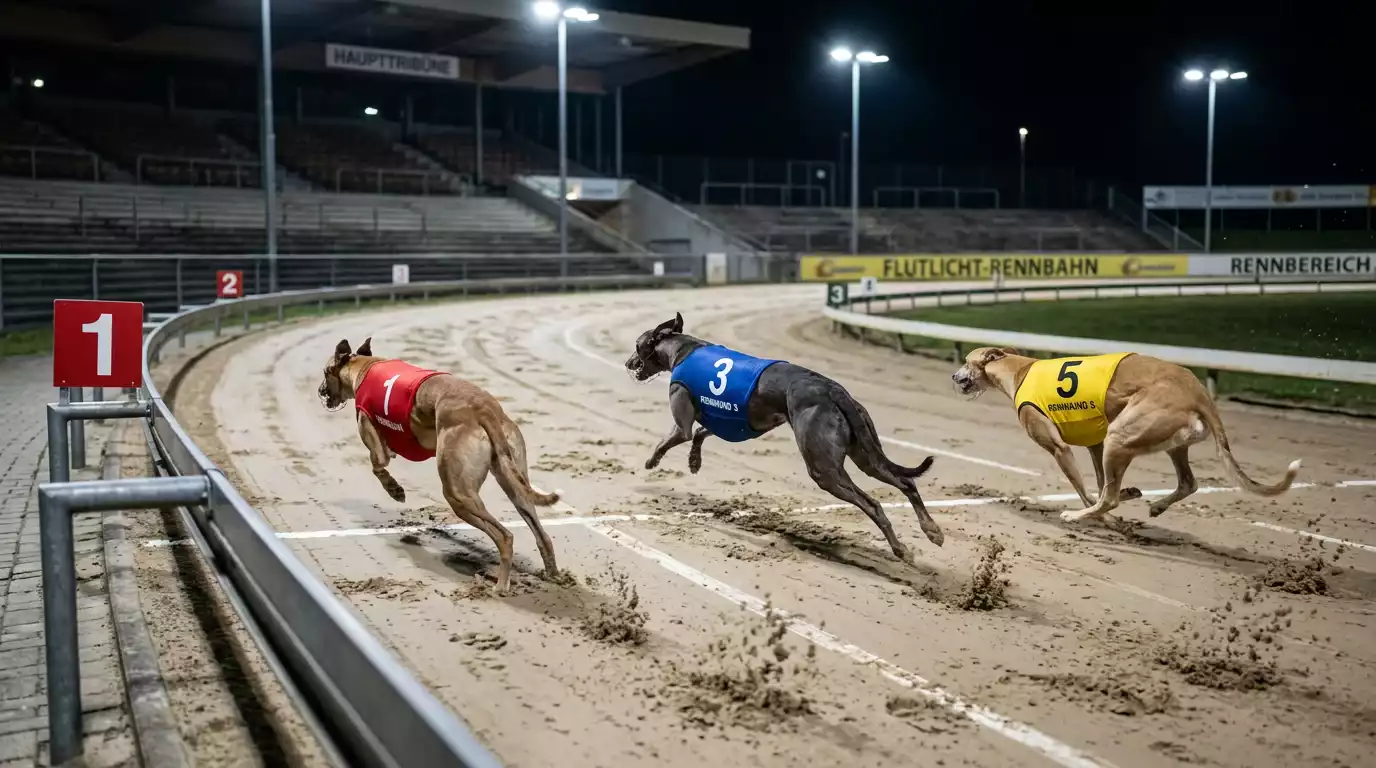 Drei Greyhounds laufen auf Innen-, Mittel- und Außenbahn einer Rennbahn