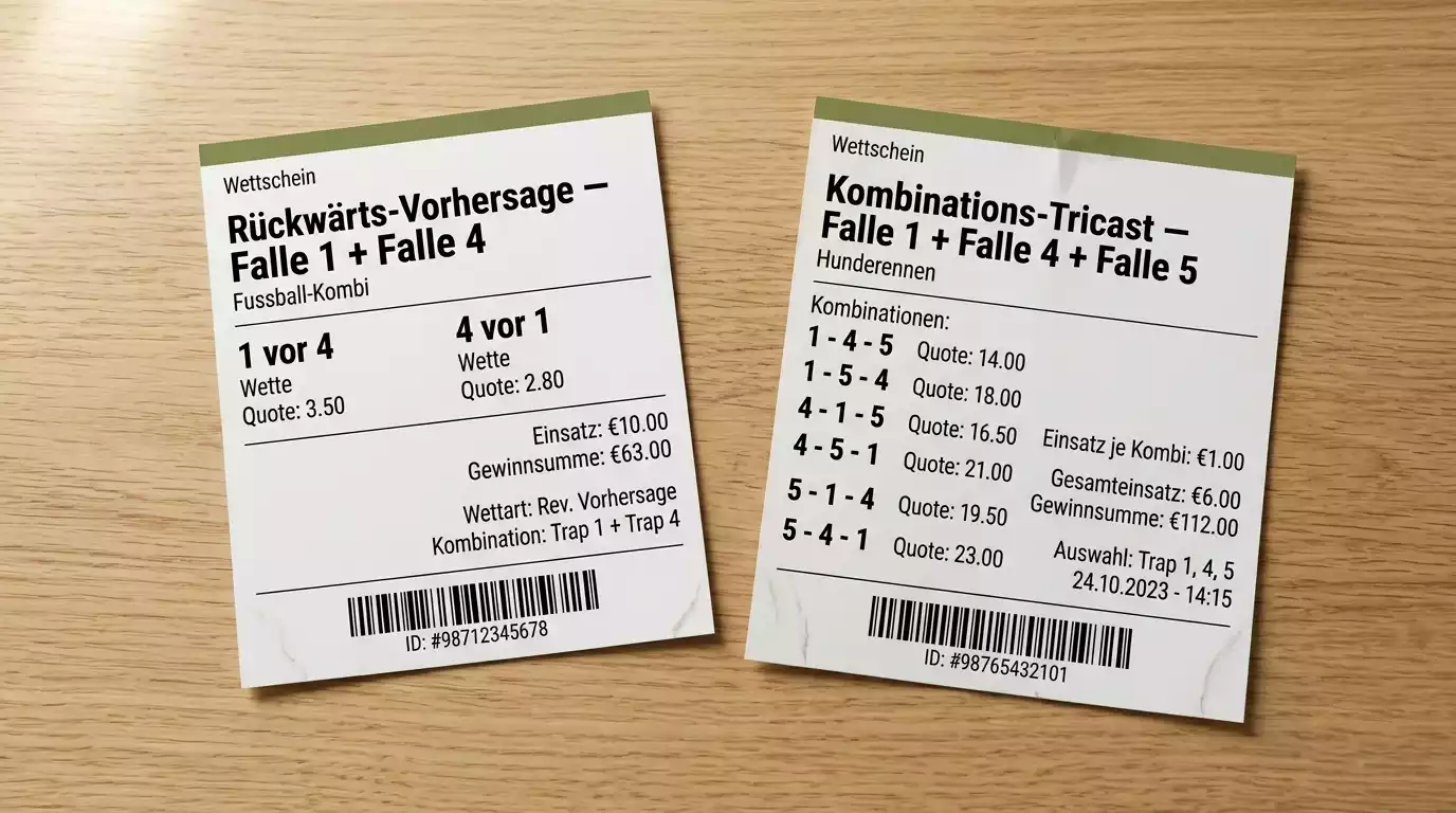 Wettschein einer Reverse-Forecast- und Combination-Tricast-Wette auf Greyhound-Rennen
