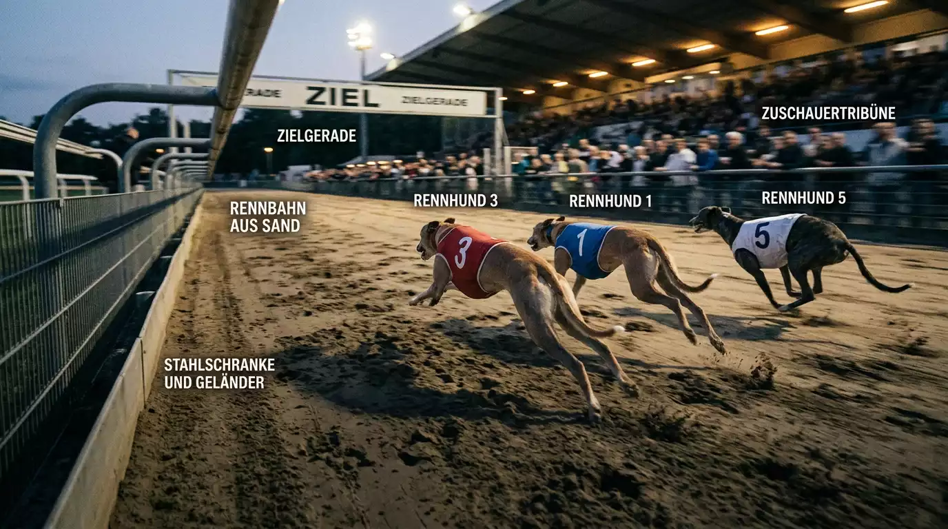Greyhound-Rennen auf der Romford-Bahn in der Zielgeraden mit drei führenden Hunden