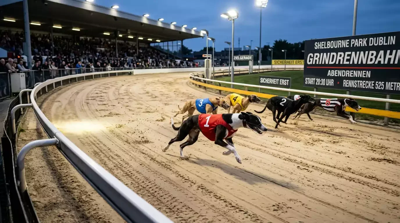 Greyhound-Rennen auf Shelbourne Park in Dublin mit sechs Hunden über 480 Meter