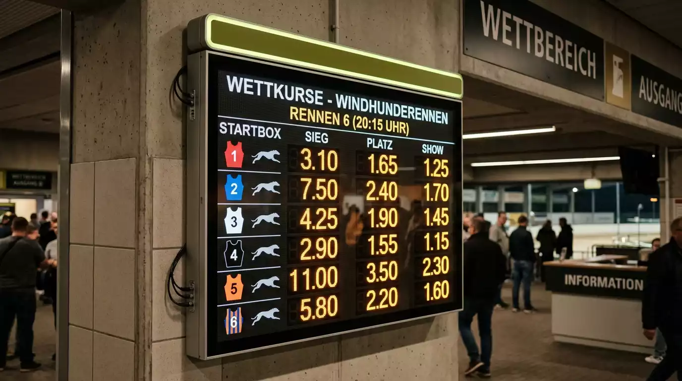 Wettquoten für Sieg-, Platz- und Show-Wetten bei einem Greyhound-Rennen