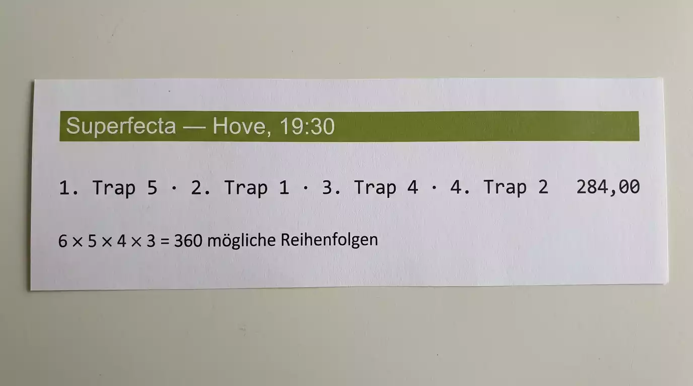 Tabelle mit Superfecta-Ergebnissen und Quoten bei einem Greyhound-Rennen