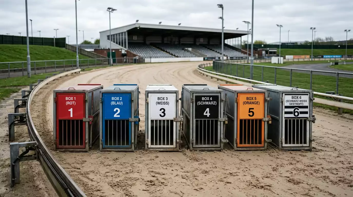 Aufbau einer Greyhound-Startbox mit Klappmechanismus und Hund vor dem Start