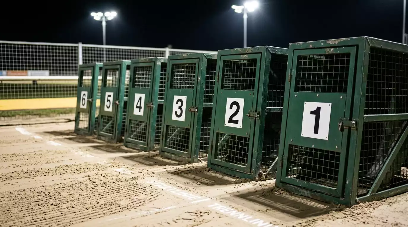 Sechs Startboxen Traps auf einer Greyhound-Rennbahn aus nächster Nähe