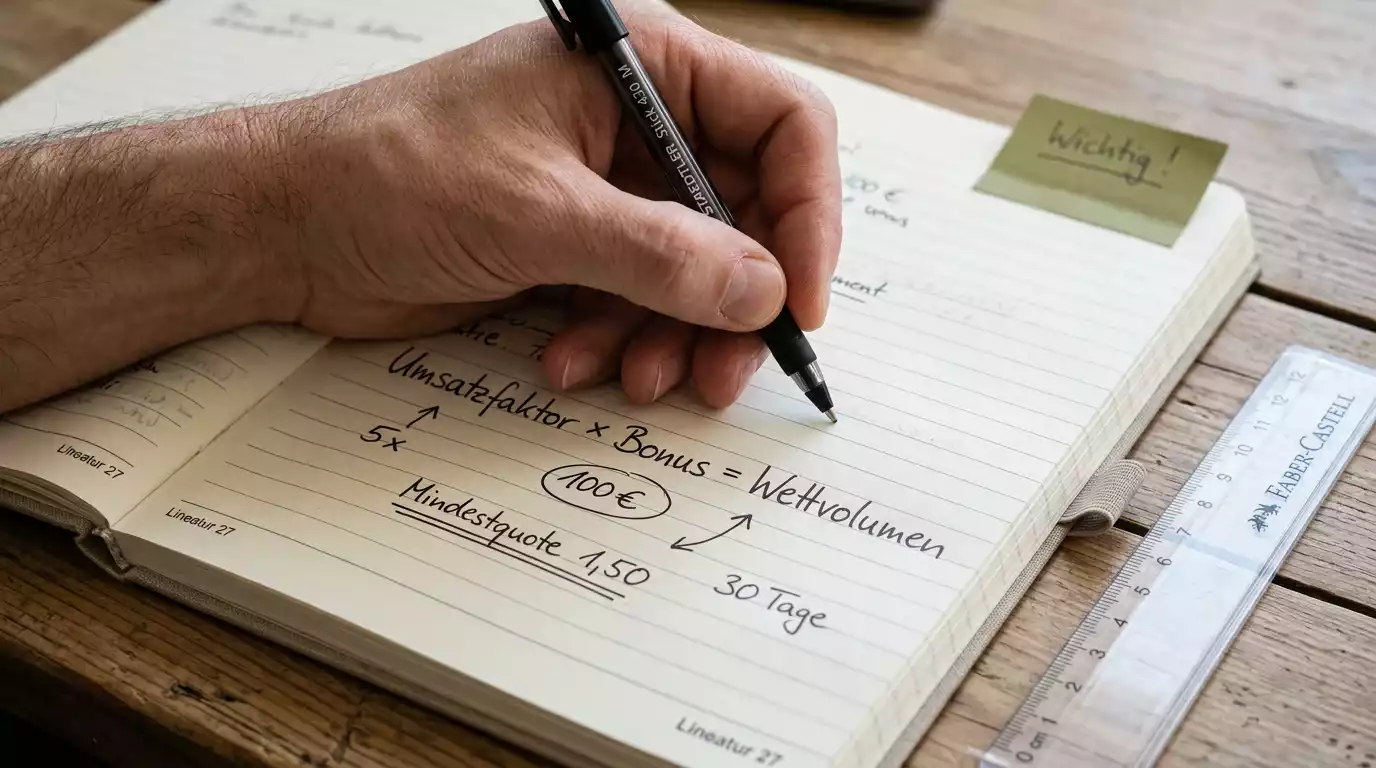 Person rechnet die Umsatzbedingung für einen Wettbonus im Notizbuch aus