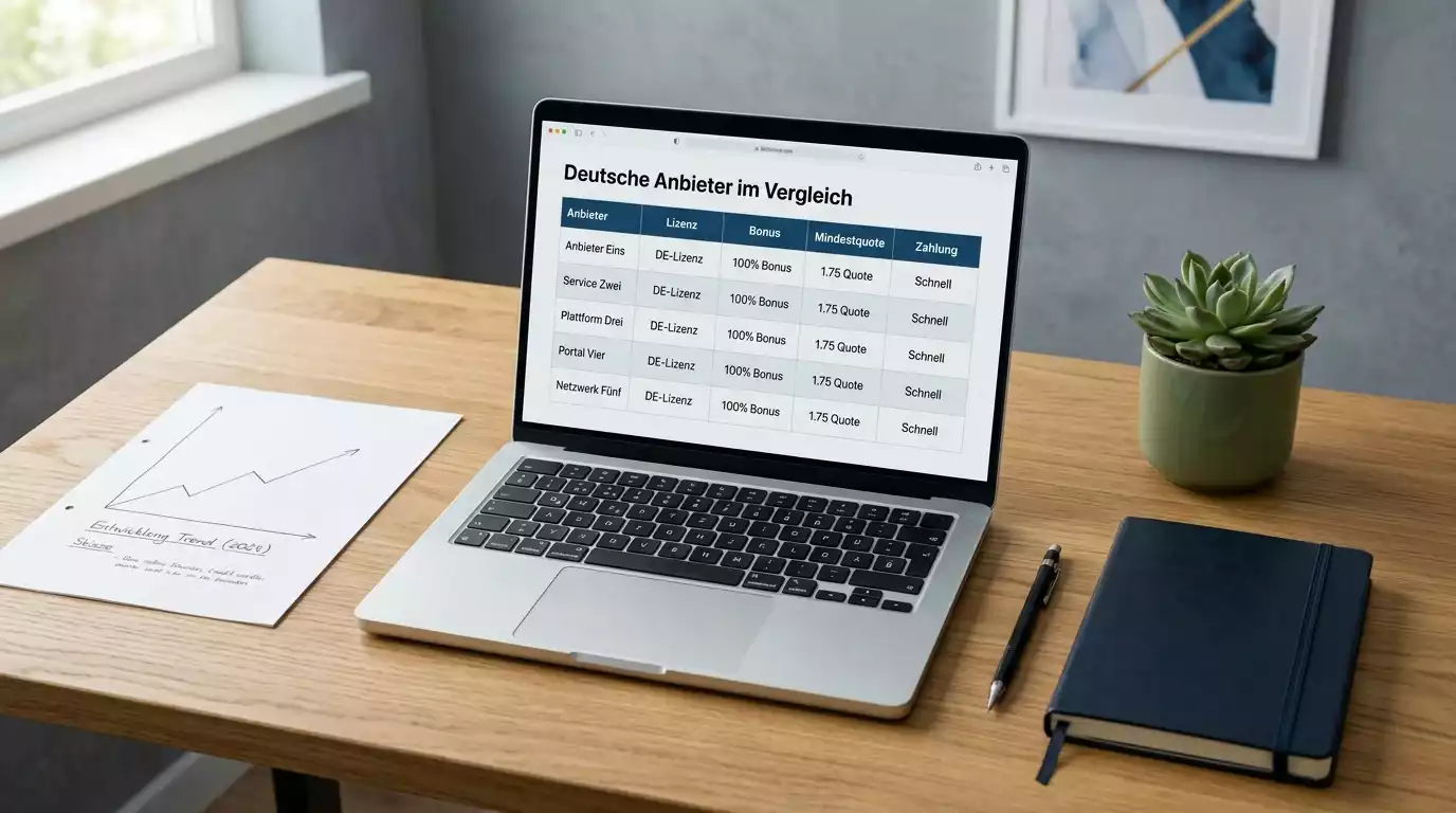 Arbeitsplatz mit Laptop und Notizen zum Wettanbieter-Vergleich