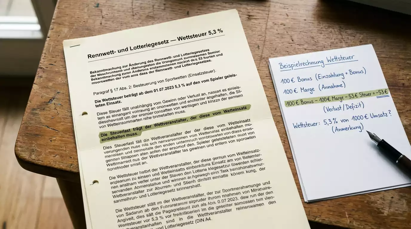 Aufgeschlagenes Dokument zur 5,3 Prozent Wettsteuer und ihrem Effekt auf den Bonus-EV